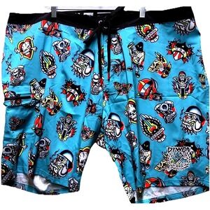 Dixxon‎ Reaper Madness Teal Blue Tattoo Print Board Shorts Men's 46 Biker Skulls